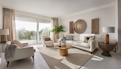 Fototapeta premium Combining colors in white and neutral living room designs for a balanced and harmonious aesthetic throughout
