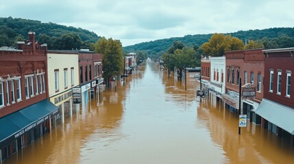 Obraz premium Flooded Main Street, small town inundated by floodwaters, buildings submerged.