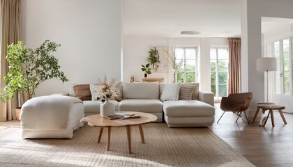 Fototapeta premium Creating a Cozy Atmosphere with Pillows in White and Neutral Living Room