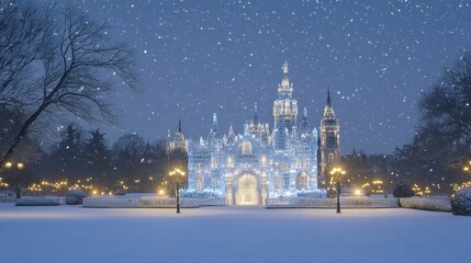 Magical ice castle at night under snowfall.