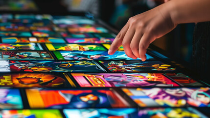 Fototapeta premium Hand hovering over video game character selection screen with vibrant icons of different characters below, emphasizing the decision-making process in gaming.