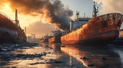 Fototapeta premium Rusty Ships at Sunset: A Haunting Image of Environmental Decay