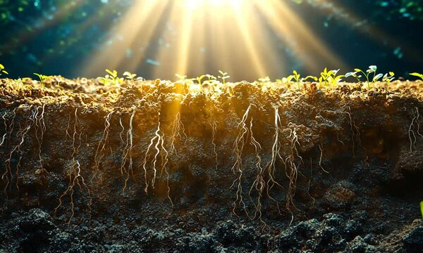 Sunlight illuminates soil with emerging plants and roots, symbolizing growth and renewal.