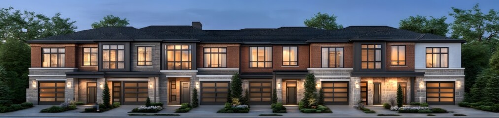 Modern townhouse complex featuring multiple units with contemporary design and landscaping.