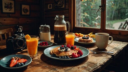 Breakfast spread with items like pancakes, fruit, coffee, and juice, arranged on a rustic wooden table