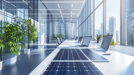 Fototapeta premium Modern Eco-Friendly Office with Solar Panels and City View