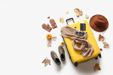 Yellow suitcase with passport, photo camera, pumpkin and autumn leaves on grey background. Travel...