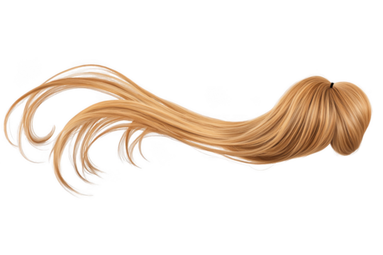Blond hair isolated on a png transparent background, long wavy ponytail style.