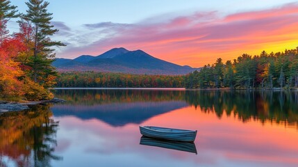 Obraz premium Serene Autumn Sunset over a Calm Lake with a Rowboat