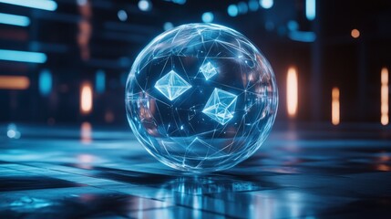 Fototapeta premium Futuristic Sphere: Crystalline Network in a Cyberpunk Cityscape