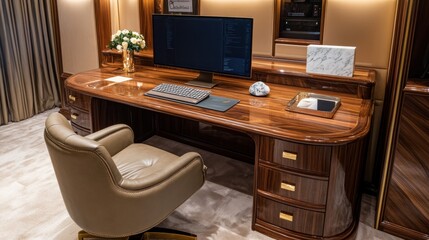 Luxury Home Office Interior Design: Walnut Desk and Leather Chair