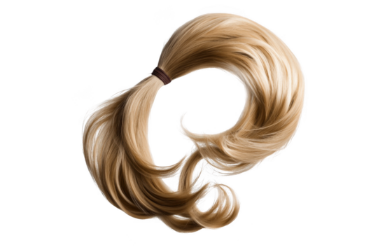 Blond hair isolated on a png transparent background, long wavy ponytail style.