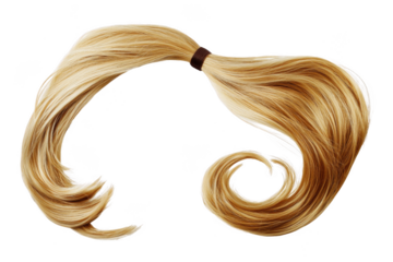 Blond hair isolated on a png transparent background, long wavy ponytail style.