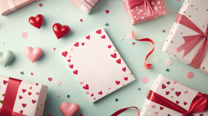 Valentine Day card surrounded by gifts, hearts, and confetti on pastel background