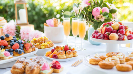 charming birthday brunch spread with pastries, fruit, and floral decor