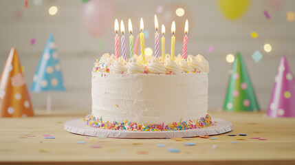 close up of birthday cake with candles and colorful decorations on wooden table