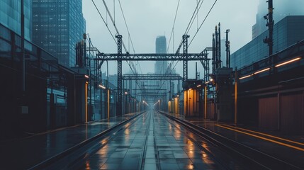 Naklejka premium Rainy Cityscape: A Tranquil Urban Railway
