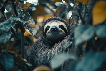 Fototapeta premium The sloth is among the trees, part of a habitat that could be a rainforest or jungle. This animal is known for its slow and deliberate movement.