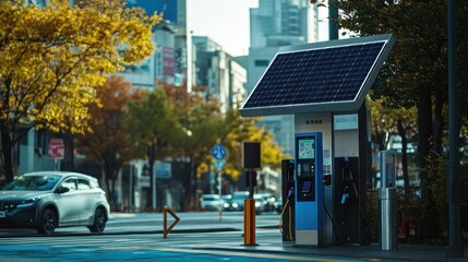Obraz premium Eco-Friendly Urban Charging Station: Solar Powered Electric Vehicle Charging Point in a City Street