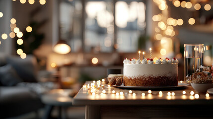 cozy indoor birthday celebration with fairy lights and cake centerpiece