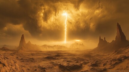 Fototapeta premium Apocalyptic Desert Landscape with Lightning Storm
