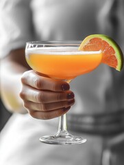 A hand holding a martini glass with an olive and lemon twist. A classic cocktail for relaxation or celebration.