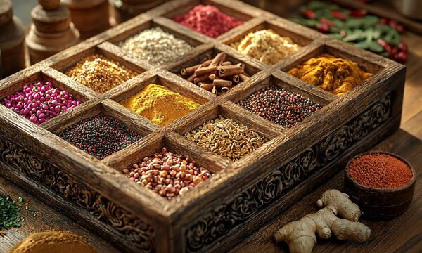 A wooden spice box filled with various colorful spices and herbs for culinary use.