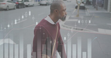 Image of diagrams over african american man in city