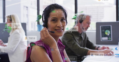 Image of data processing over diverse business people using phone headsets in office - Powered by Adobe