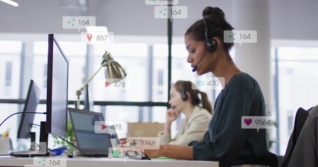 Image of data processing over diverse business people using phone headset in office