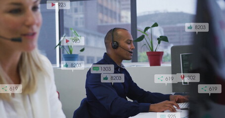 Image of data processing over diverse business people using phone headsets in office
