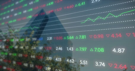 Image of financial data processing over cityscape