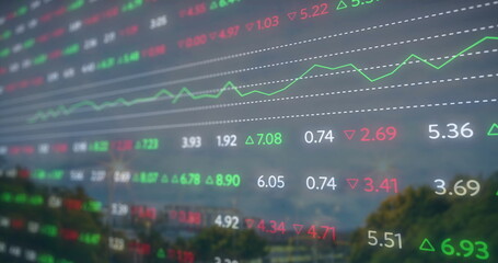 Image of financial data processing over cityscape