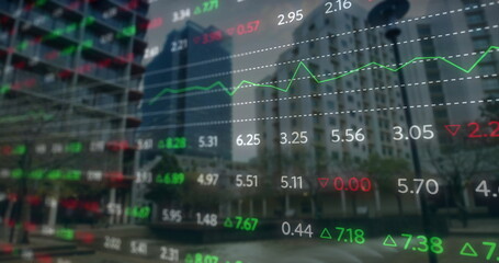 Image of financial data processing over cityscape