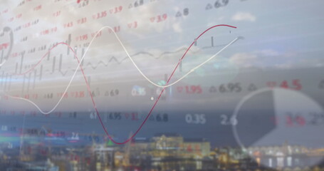 Image of financial data processing over cityscape