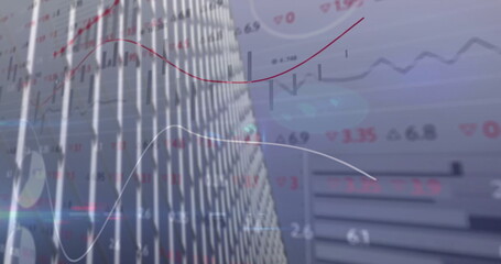 Image of financial data processing over cityscape