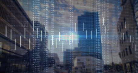 Image of financial data processing over cityscape