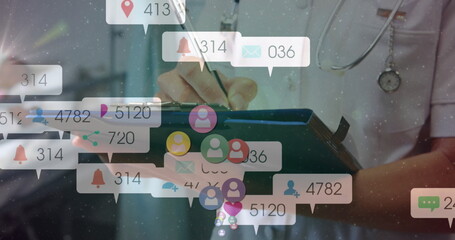 Image of social media icons with numbers over caucasian female doctor