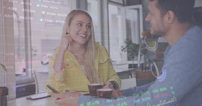 Image of diagrams and data processing over caucasian couple drinking coffee