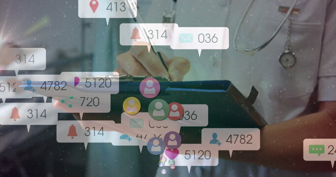 Image of social media icons with numbers over caucasian female doctor