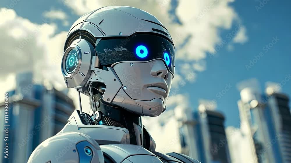 Poster a sleek humanoid robot with an advanced design stands confidently in an urban landscape. it contrast