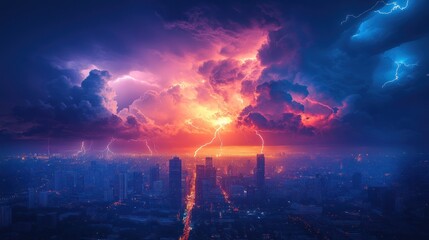 Fototapeta premium Apocalyptic Cityscape: A Stunning Thunderstorm Over a Metropolis