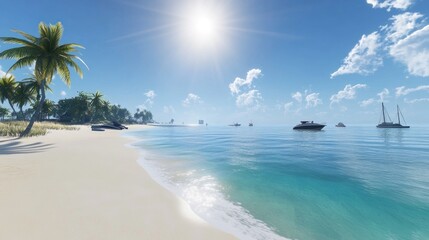 Tropical Paradise: Idyllic Beach Scene with Yachts and Palm Trees