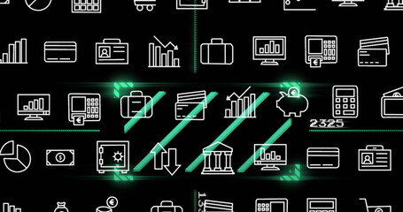 Image of digital icons and data processing over dark backgorund