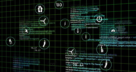 Image of digital icons and data processing over dark backgorund