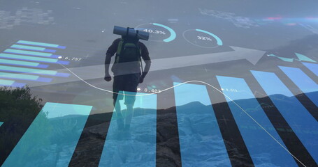 Image of financial data processing over caucasian man hiking in mountains