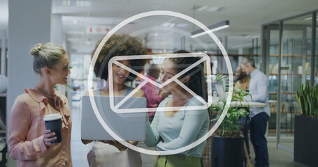 Image of email icon and data processing over diverse business people in office