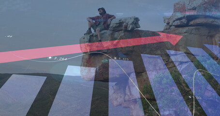 Image of financial data processing over caucasian man hiking in mountains