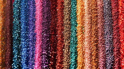 Colorful beaded strands hanging vertically, showcasing a vibrant spectrum of hues and textures.