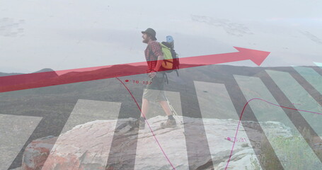 Image of financial data processing over caucasian man hiking in mountains